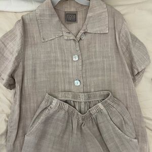Linen short sleeve button with elastic pants